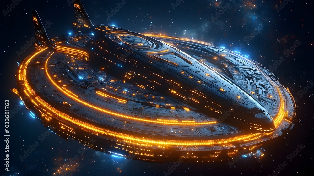 A massive circular spaceship in deep space, rotating outer rings designed to create artificial gravity, glowing with futuristic energy lights A massive circular spaceship in deep space, rotating outer rings designed to create artificial gravity, glowing with futuristic energy lights