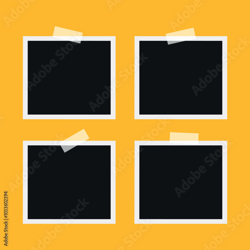 Photo frames stuck with sticky tape on the wall. Blank photographs set. Vector illustration