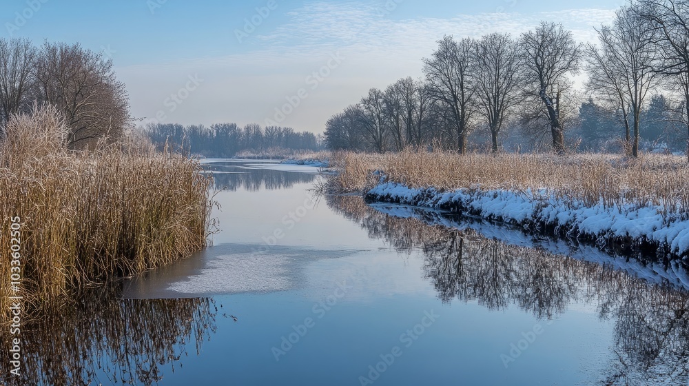 Stunning winter landscape featuring snow-covered mountains and trees with a beautiful reflection in the calm water, capturing the serenity and beauty of nature in a tranquil winter scene Stunning winter landscape featuring snow-covered mountains and trees with a beautiful reflection in the calm water, capturing the serenity and beauty of nature in a tranquil winter scene