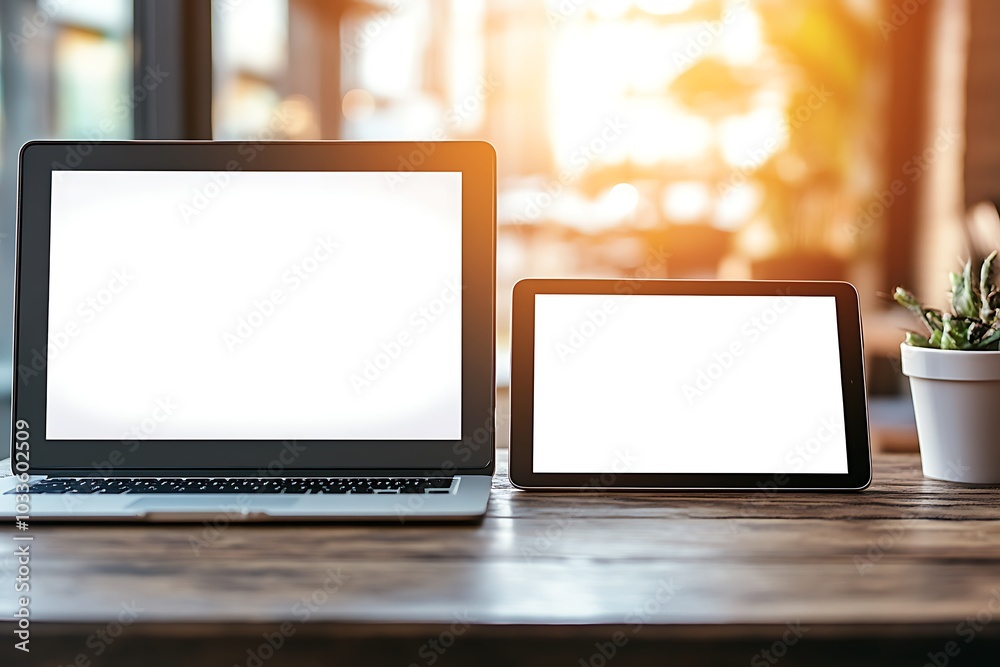 On a wooden table, a monitor, laptop and digital tablet with a bright white screen stand On a wooden table, a monitor, laptop and digital tablet with a bright white screen stand
