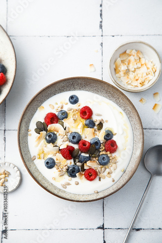 Granola with yogurt, fresh berries and coconut photo