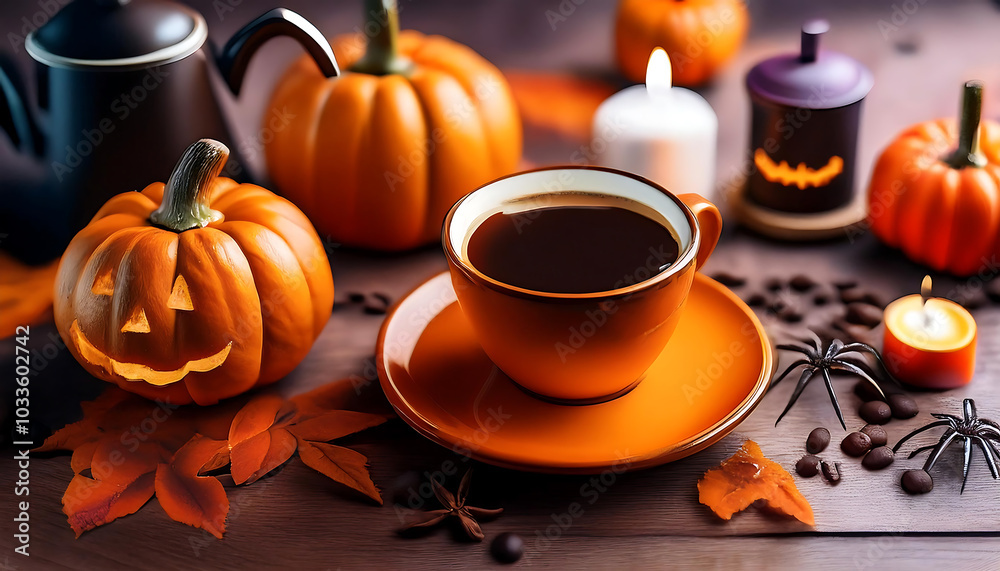Cozy autumn scene with a cup of coffee, pumpkins, candles, and coffee beans, perfect for fall inspiration.