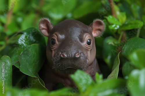 Dwarf Pygmy hippo, baby hippo in nature. photo