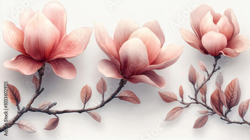 Set of Magnolias Flowers Isolated on Transparent Background