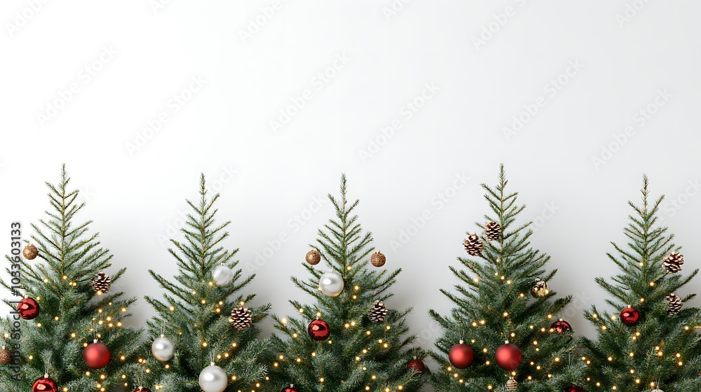 A beautifully decorated pine Christmas tree stands tall, adorned with shiny ornaments and twinkling lights, set against a pristine white background, radiating holiday warmth and festivity A beautifully decorated pine Christmas tree stands tall, adorned with shiny ornaments and twinkling lights, set against a pristine white background, radiating holiday warmth and festivity