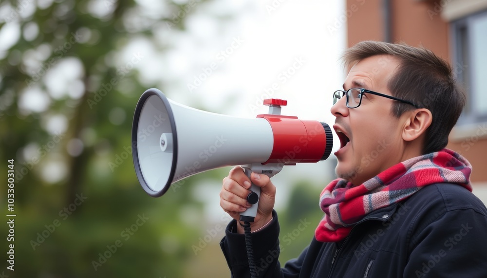 Engaging Man Using Megaphone in Outdoor Setting Engaging Man Using Megaphone in Outdoor Setting