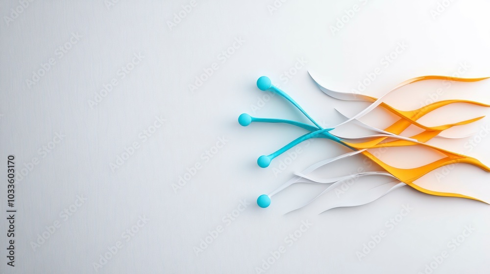 Fototapeta premium Abstract design featuring colorful curves and spheres on a minimalist background.