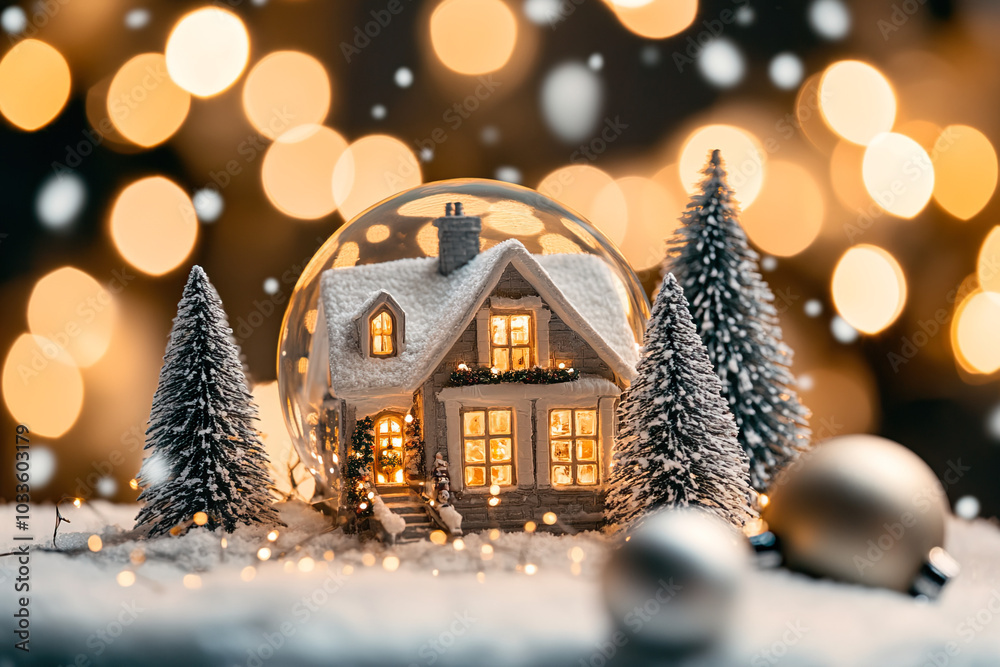 Beautiful snow globe with Christmas tree and house inside, Festive blurred abstract background with golden bokeh Beautiful snow globe with Christmas tree and house inside, Festive blurred abstract background with golden bokeh