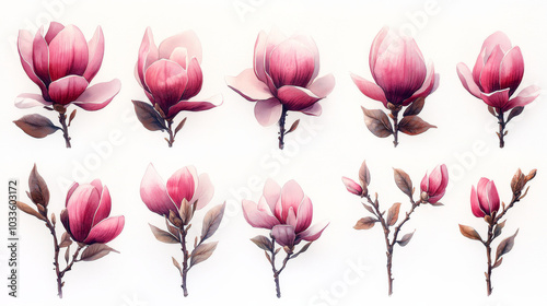 Magnolias Flowers Isolated on Transparent Background