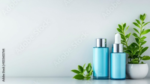 Wallpaper Mural Two blue cosmetic bottles beside a potted plant on a light background. Torontodigital.ca