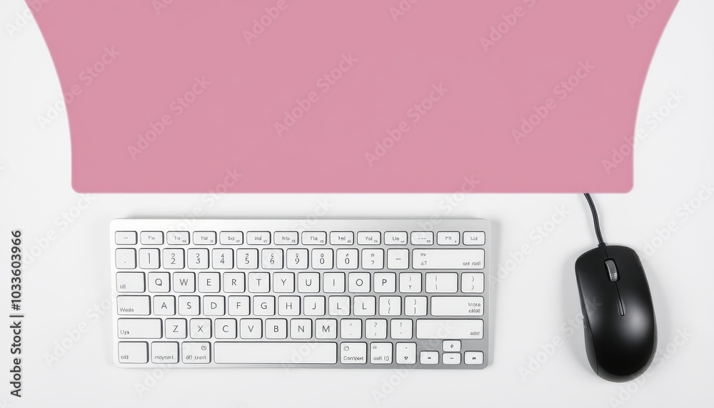 Modern Workspace with Keyboard and Mouse on Pink Surface Modern Workspace with Keyboard and Mouse on Pink Surface