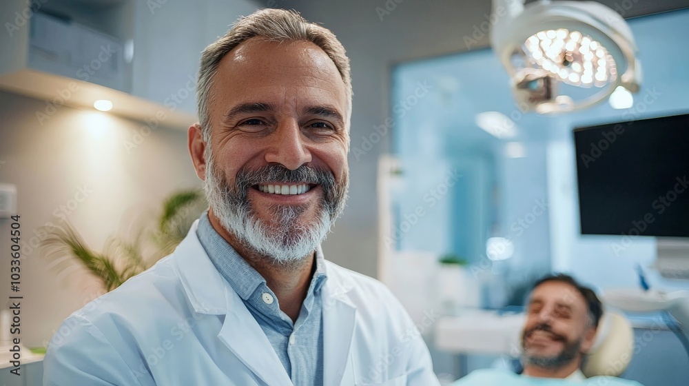 A dentist smiling warmly while treating a patient in a modern clinic A dentist smiling warmly while treating a patient in a modern clinic