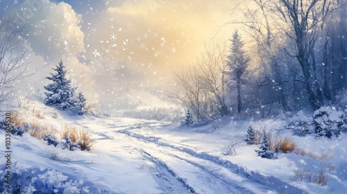 Wallpaper Mural Majestic winter snow landscape featuring a serene snow-covered valley with frosted trees, snowy meadows, and distant mountain peaks under a clear blue sky, capturing the tranquil beauty of a pristine  Torontodigital.ca