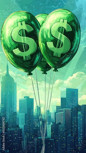  Green dollar-sign balloons rising over a cityscape, representing economic growth, business success, and the rise of financial opportunities in an urban environment. photo