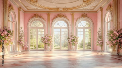 Elegant ballroom in a dreamy pink castle, gold trim and arched windows revealing gardens with endless flowers, Fairytale, Vintage, Watercolor