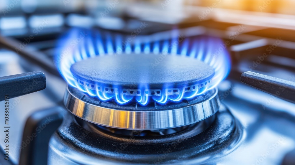 Close-up of a blue flame on a gas stove burner with kitchen background Close-up of a blue flame on a gas stove burner with kitchen background