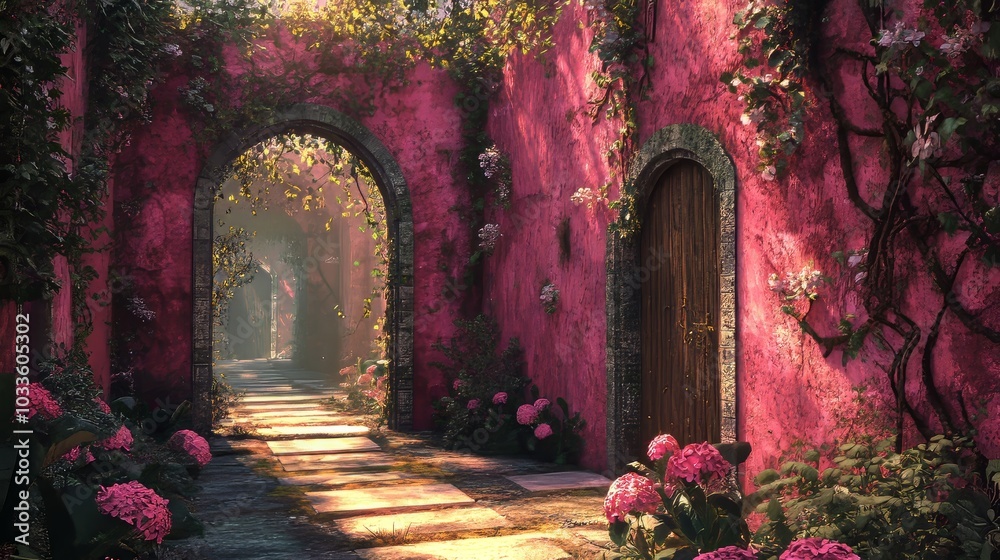 Obraz premium Ivy-covered walls of a pink castle, enchanted garden maze with oversized blooming flowers, vintage-dressed guests, Steampunk, 3D Illustration, Warm lighting