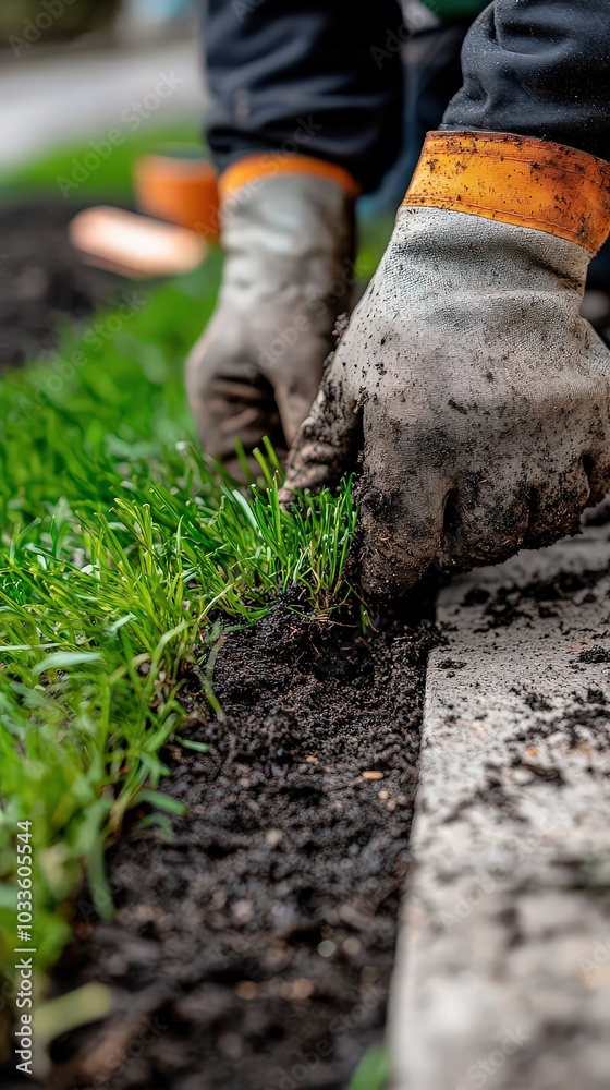 Gloved hands carefully planting grass, highlighting the labor and care involved in landscaping work, with green blades contrasting against dark soil. Gloved hands carefully planting grass, highlighting the labor and care involved in landscaping work, with green blades contrasting against dark soil.