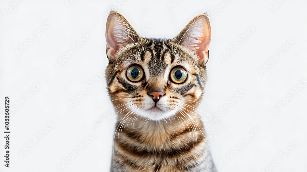 A curious tabby cat with big green eyes looks directly at the camera with a surprised expression against a white background. A curious tabby cat with big green eyes looks directly at the camera with a surprised expression against a white background.