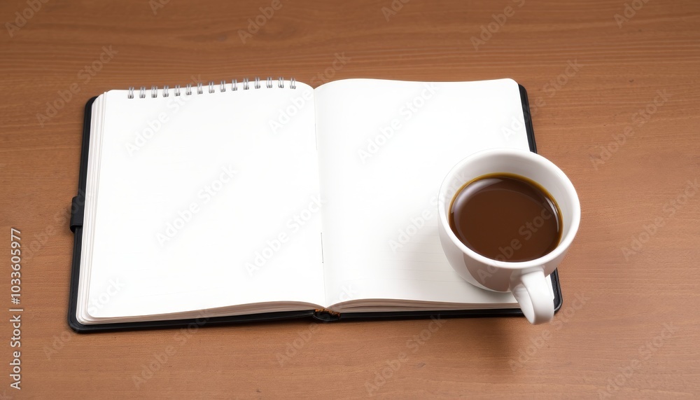 Empty Notebook and Cup of Coffee on Wooden Table Empty Notebook and Cup of Coffee on Wooden Table