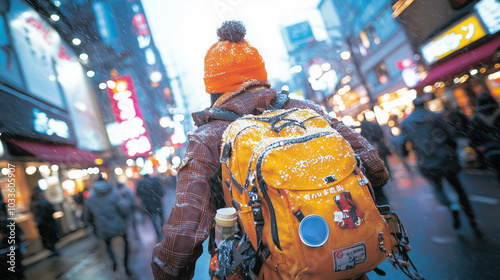 person wearing orange beanie and brown jacket walks through snowy city street, carrying bright yellow backpack. scene is bustling with people and illuminated signs, creating vibrant urban atmosphere