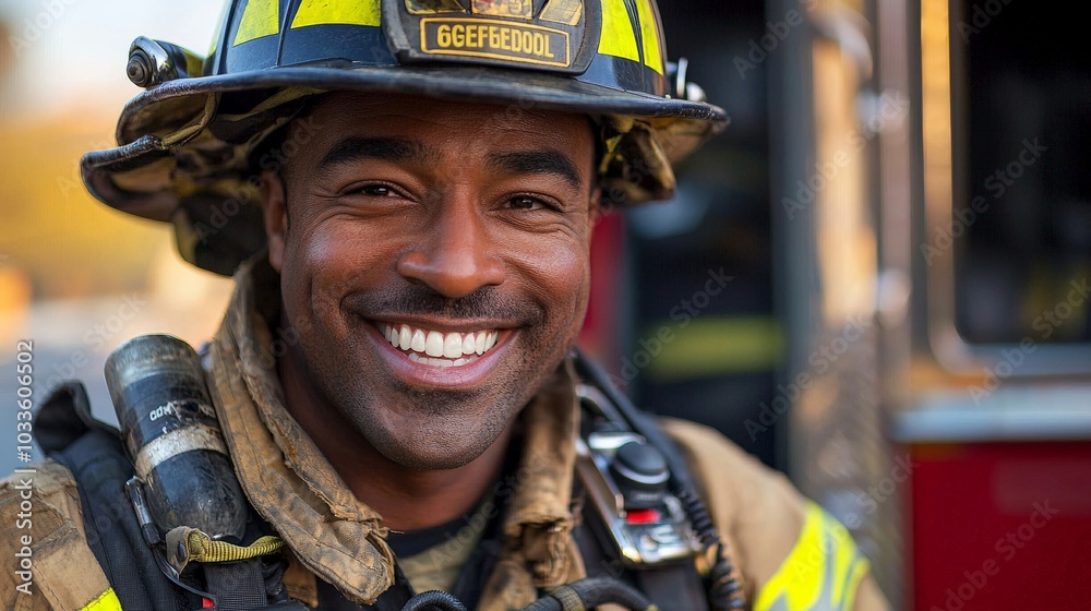A firefighter smiling proudly after a successful rescue mission A firefighter smiling proudly after a successful rescue mission
