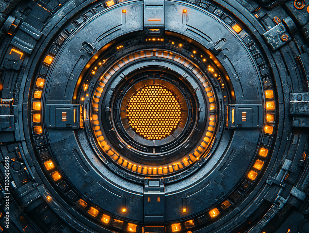 close-up of a futuristic spaceship door with a large circular portal in the center. close-up of a futuristic spaceship door with a large circular portal in the center.