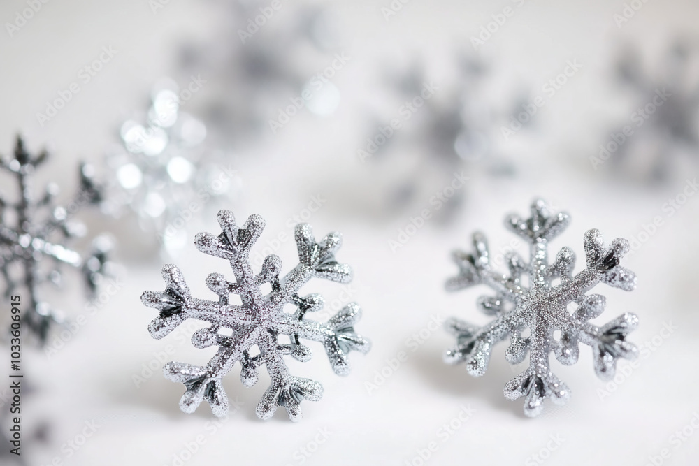 Winter Background with Silver Snowflakes and Bokeh, Abstract Festive minimal background Winter Background with Silver Snowflakes and Bokeh, Abstract Festive minimal background