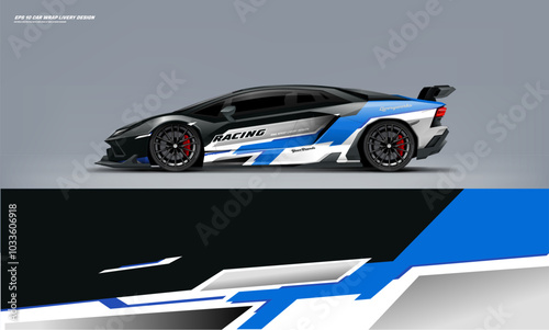 Sport racing supercar wrap livery design blue color combination for universal medium vector eps10 ready to print printable file