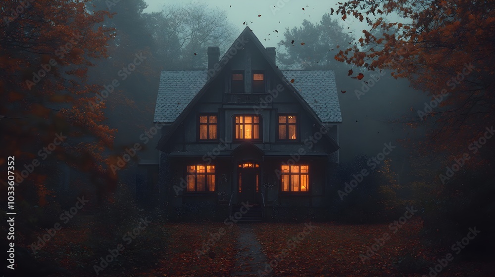 A spooky haunted house with Gothic architecture, dimly lit windows, surrounded by a foggy forest at dusk, eerie atmosphere, Autumn leaves falling, Dark tones, Surreal A spooky haunted house with Gothic architecture, dimly lit windows, surrounded by a foggy forest at dusk, eerie atmosphere, Autumn leaves falling, Dark tones, Surreal