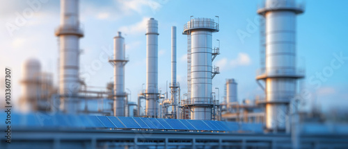 A modern industrial scene showcasing tall chimneys against a blue sky, reflecting the complexity of manufacturing processes.