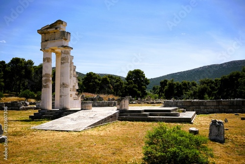 Ruins of the sanctuary of Asklepius at the Epidaurus in Greece. Epidaurus is a ancient city dedicated to the ancient Greek God of medicine Asclepius. Sightseeing and vacation in Peleponnese, Greece