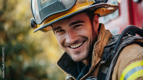 A firefighter smiling while inspecting equipment, ready for the next challenge photo