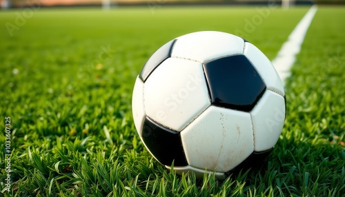 Focused Soccer Ball on Green Grass Field