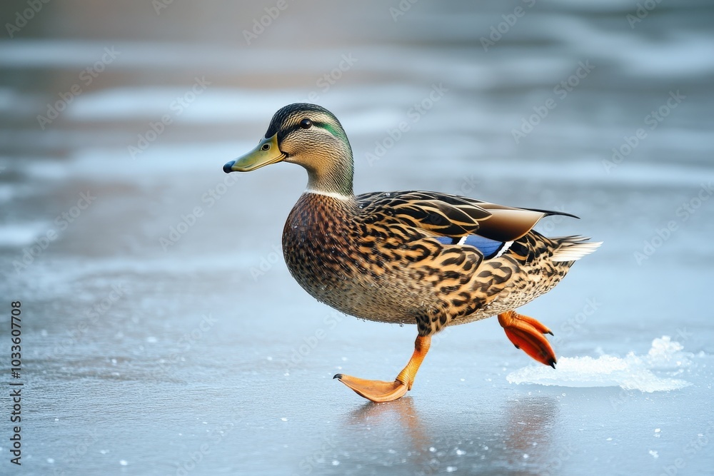 Duck Walking. Anas Platyrhynchos Mallard Moving on Glacial Ice with Copy Space Duck Walking. Anas Platyrhynchos Mallard Moving on Glacial Ice with Copy Space