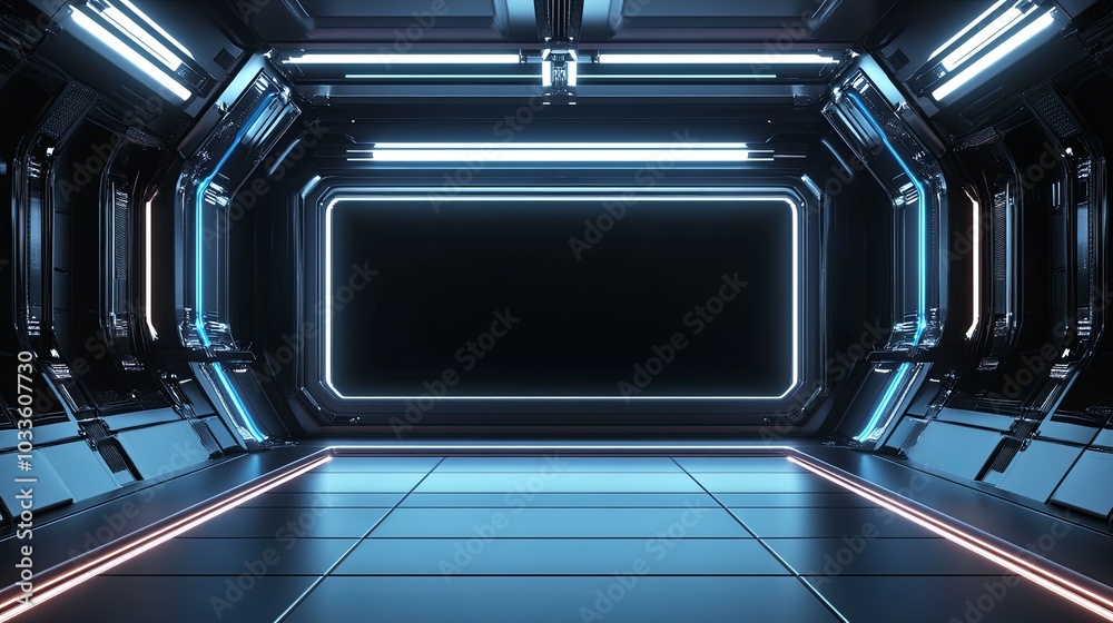 Futuristic interior with glowing lights and a blank screen, ideal for presentations or virtual environments. Futuristic interior with glowing lights and a blank screen, ideal for presentations or virtual environments.