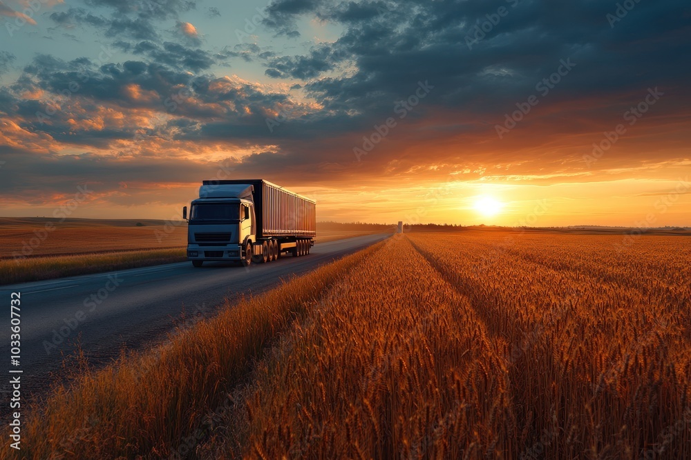 Grain Truck. Harvest Season in the Countryside: Truck on Rural Road near Rye Field at Sunset Grain Truck. Harvest Season in the Countryside: Truck on Rural Road near Rye Field at Sunset