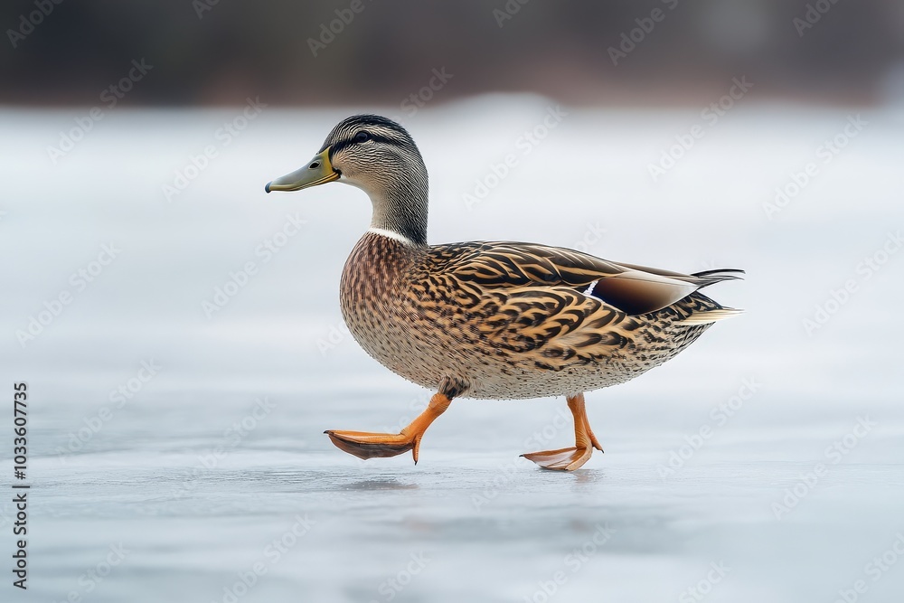 Duck Walking. Anas Platyrhynchos on Glacial Ice with Copy Space in Frosty Winter