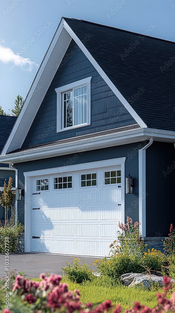 Fototapeta premium Vinyl garage door in classic, white beadboard style, designed for coastal or traditional homes.
