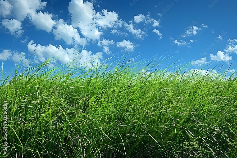 Fototapeta premium Lush Green Grass Field Under Blue Sky with Clouds for Nature Design