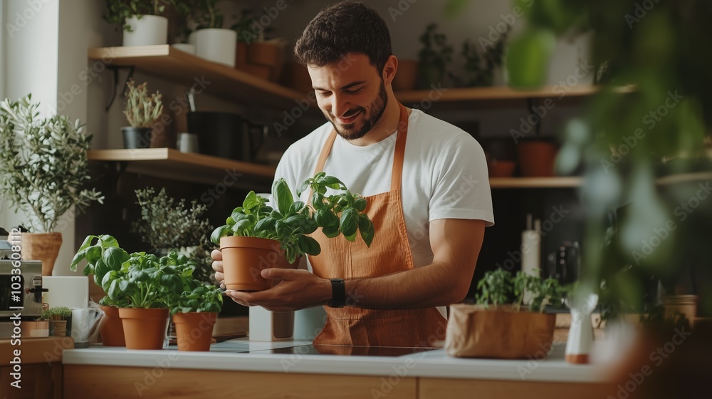 A man caring for indoor plants in a cozy kitchen filled with greenery during the morning light A man caring for indoor plants in a cozy kitchen filled with greenery during the morning light