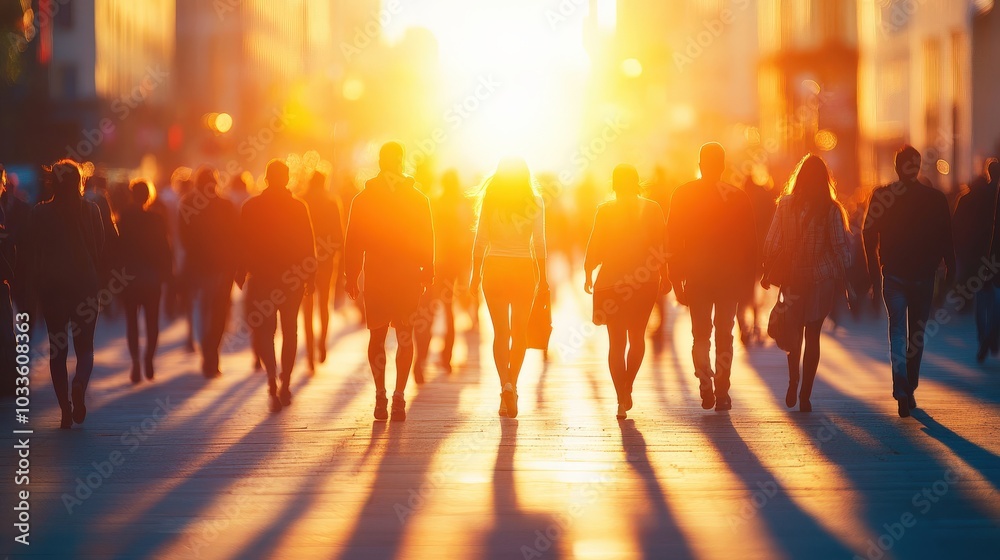 Walking Down The Street. Silhouettes of People Crowd in City Landscape at Summer Evening Sunset Walking Down The Street. Silhouettes of People Crowd in City Landscape at Summer Evening Sunset