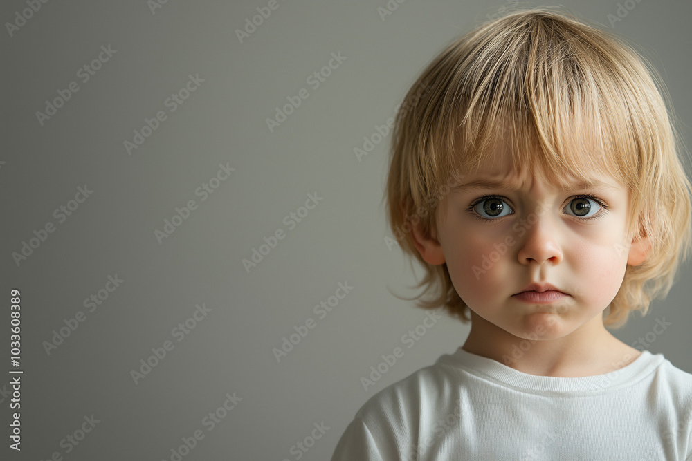 Portrait of a young boy looking worried, with copy space. Soft, natural lighting. 