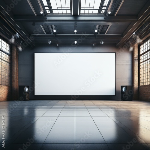 Big blank light screen instead of wall with projectors in empty industrial style hall room with glossy floor. Mockup. 3D rendering.