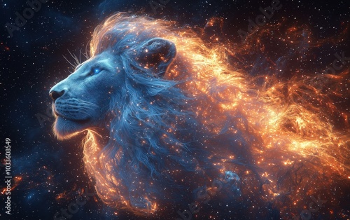 Majestic translucent male lion god's upper body silhouette composed of intricate, glowing strands of light against a cosmic background