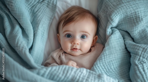 Little baby lying on a light blue bed, surrounded by soft blankets, creating a peaceful and warm atmosphere, with the softness of early childhood captured.