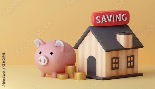 A colorful piggy bank next to a miniature house with a 