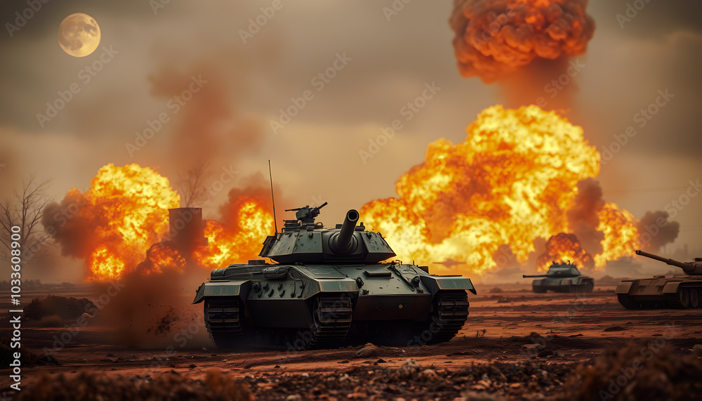 Fototapeta premium Tank Driving Through Explosions.