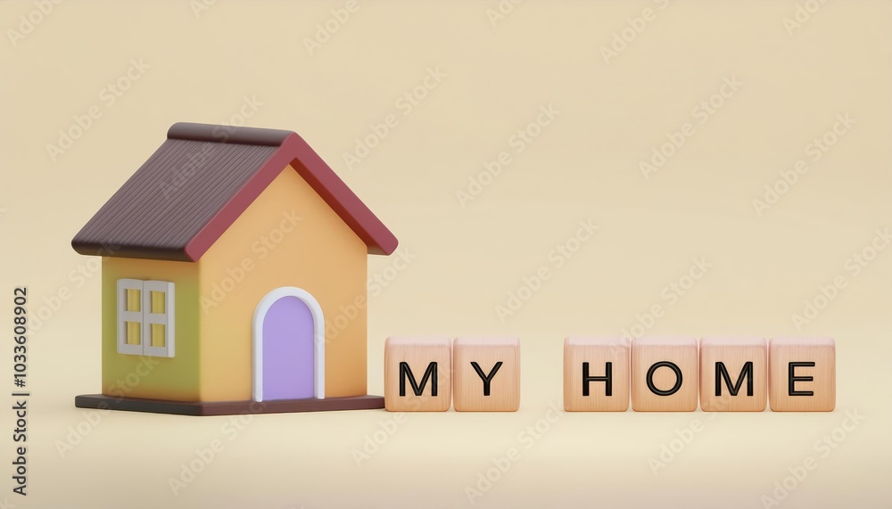 A colorful model house next to wooden blocks spelling 