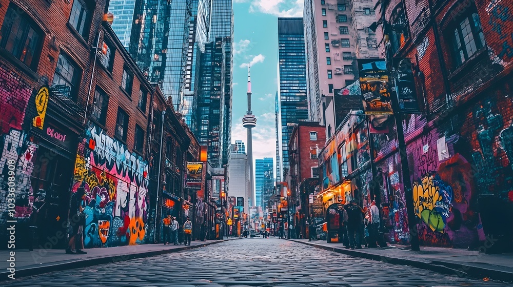 Obraz premium Glass-covered skyscrapers towering over the streets, where vibrant graffiti murals bring life to the city's walls, merging art with steel giants